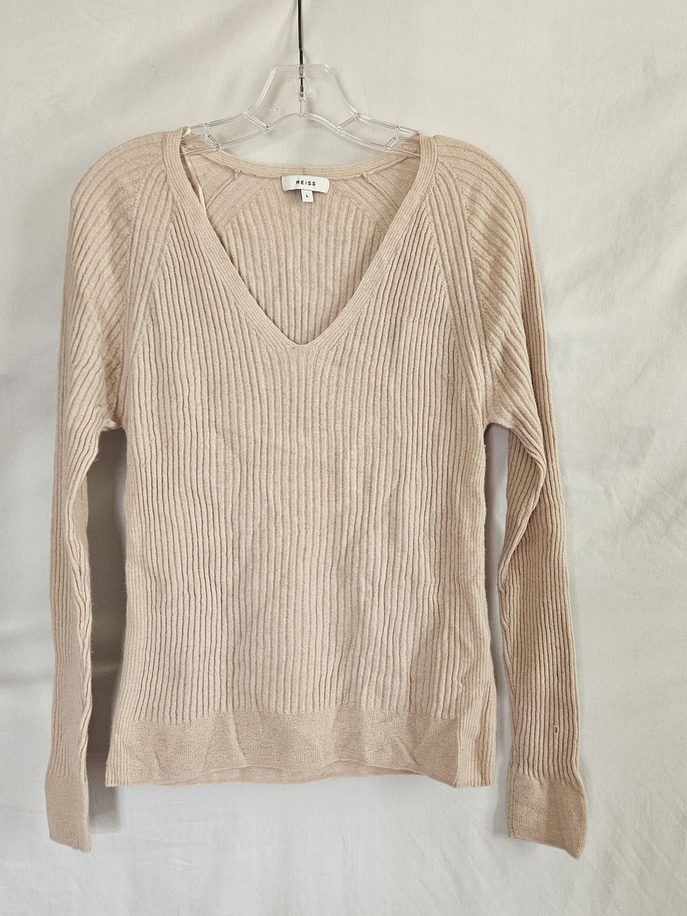 Reiss Ribbed V-Neck Sweater Womens L Beige Wool Alpaca Blend Minimalist Office